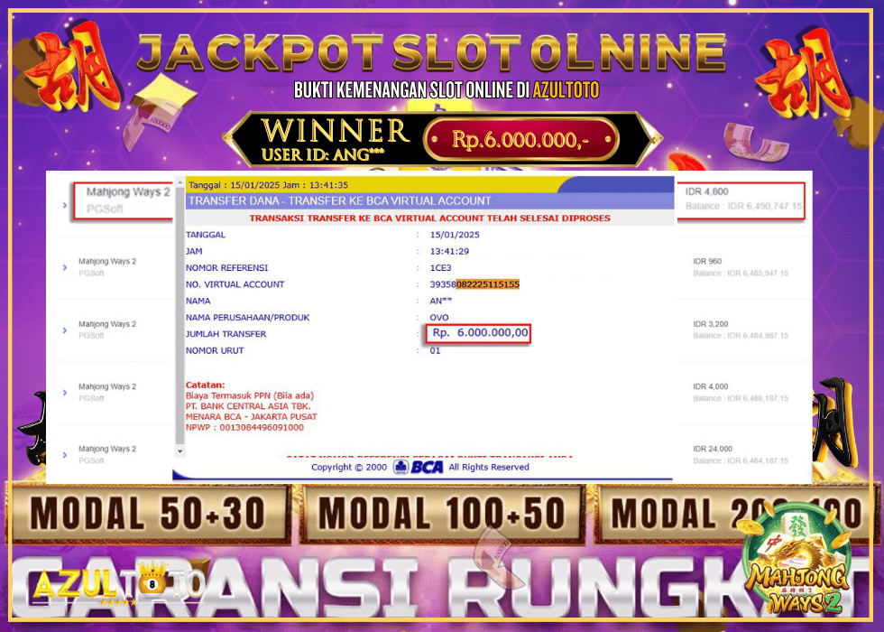 JACKPOT SLOT MAHJONG WAYS 2 RP.6.000.000,- LUNAS DI AZULTOTO!