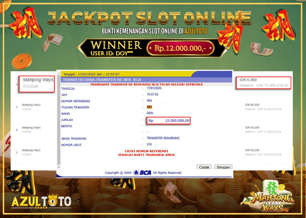 JACKPOT SLOT MAHJONG WAYS RP.12.000.000,- LUNAS DI AZULTOTO!