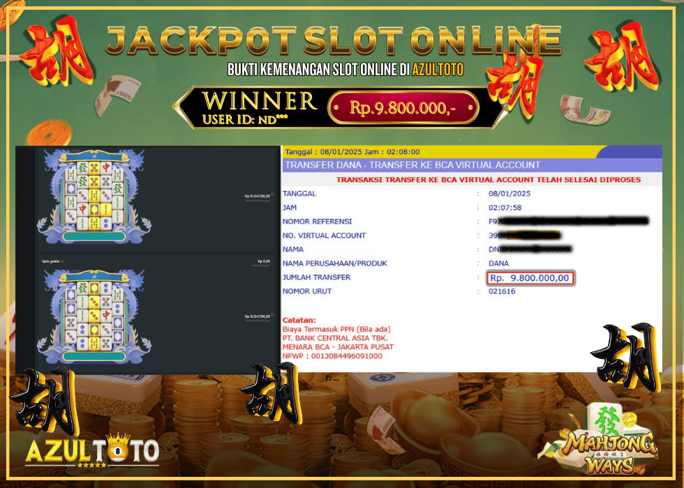 JACKPOT SLOT MAHJONG WINS 3 RP.9.800.000,- LUNAS DI AZULTOTO!