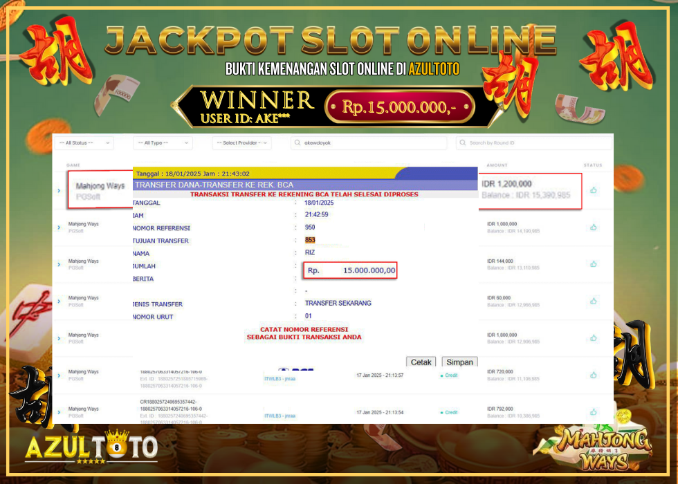 JACKPOT SLOT MAHJONG WAYS RP.15.000.000,- LUNAS DI AZULTOTO!