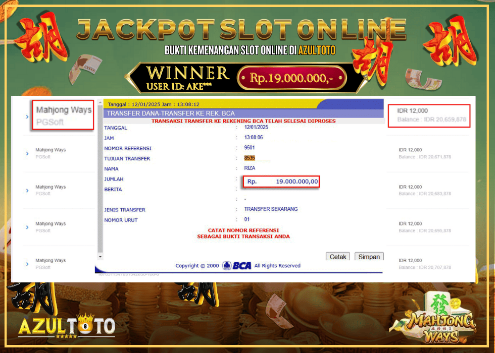 JACKPOT SLOT MAHJONG WAYS RP.12.000.000,- LUNAS DI AZULTOTO!