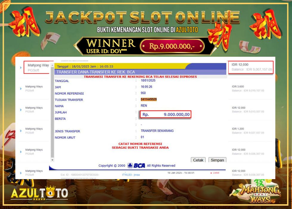 JACKPOT SLOT MAHJONG WAYS RP.9.000.000,- LUNAS DI AZULTOTO!
