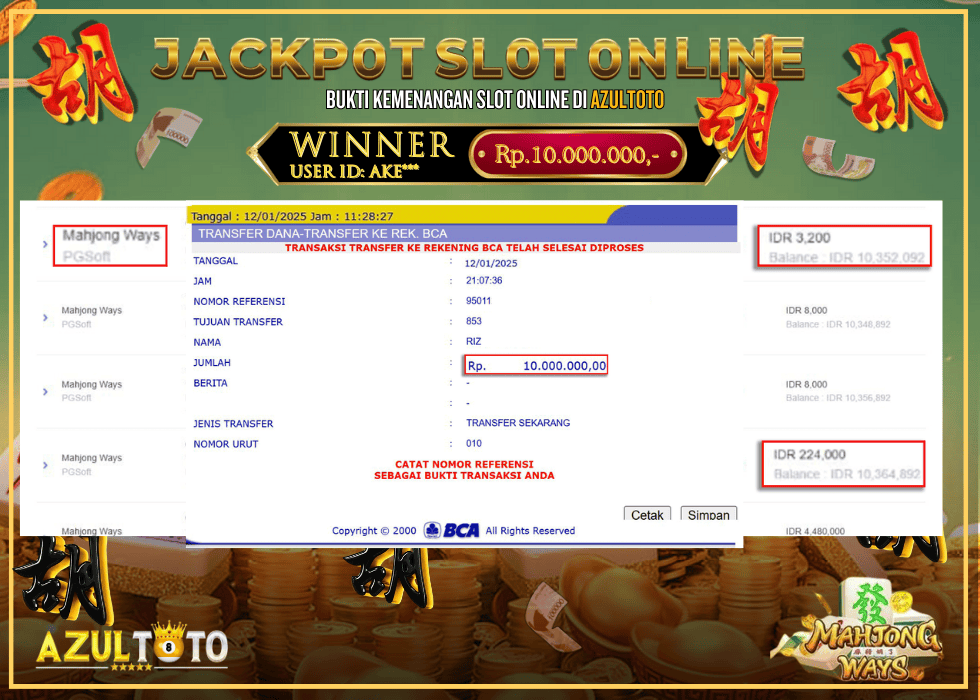 JACKPOT SLOT MAHJONG WAYS RP.10.000.000,- LUNAS DI AZULTOTO!