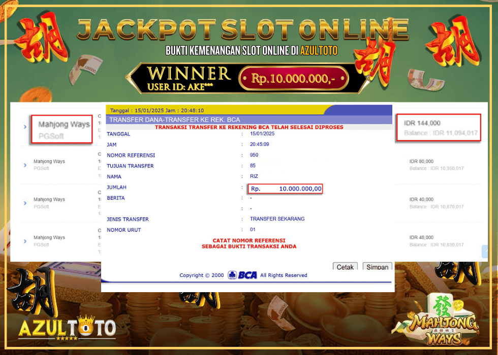JACKPOT SLOT MAHJONG WAYS RP.10.000.000,- LUNAS DI AZULTOTO!