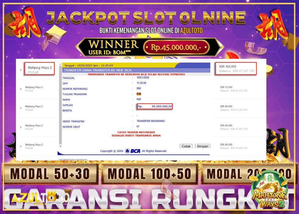JACKPOT SLOT MAHJONG WAYS 2 RP.45.000.000,- LUNAS DI AZULTOTO!