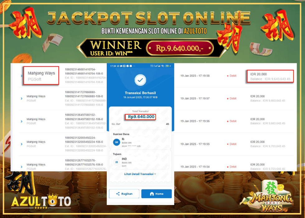 JACKPOT SLOT MAHJONG WAYS RP.9.640.000,- LUNAS DI AZULTOTO!