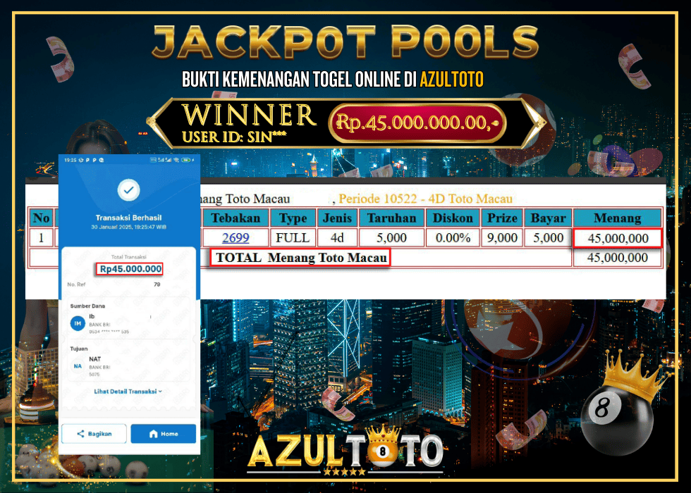 JACKPOT TOGEL ONLINE TOTO MACAU RP.45.000.000,- LUNAS DI AZULTOTO!