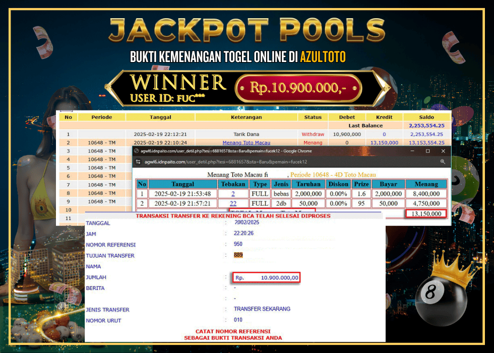 JACKPOT TOGEL TOTO MACAU RP.10.900.000,- LUNAS DI AZULTOTO!