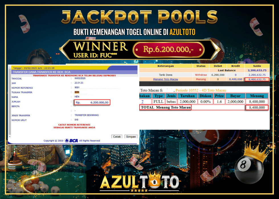 JACKPOT TOGEL ONLINE TOTO MACAU RP.6.200.000,- LUNAS DI AZULTOTO!
