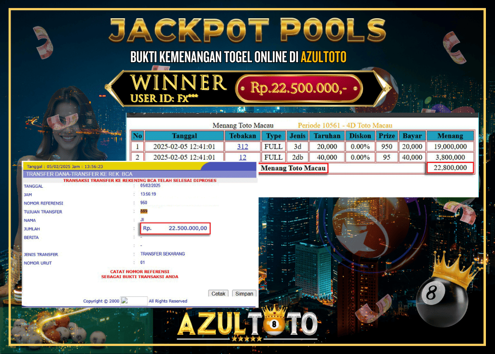 JACKPOT TOGEL ONLINE TOTO MACAU RP.22.500.000,- LUNAS DI AZULTOTO!