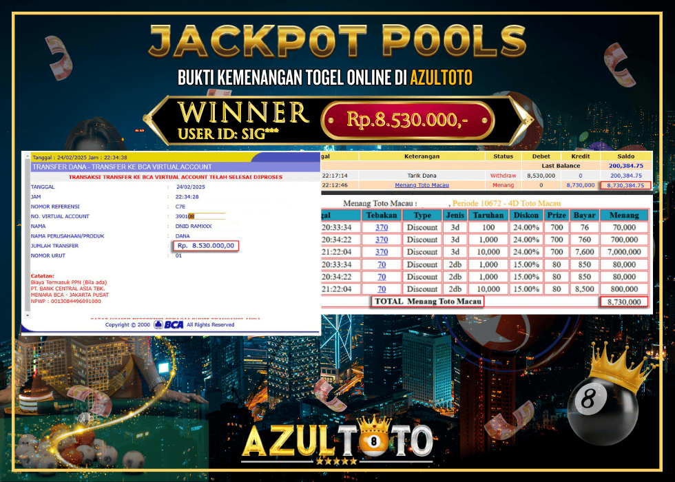 JACKPOT TOGEL TOTO MACAU RP.8.530.000,- LUNAS DI AZULTOTO!