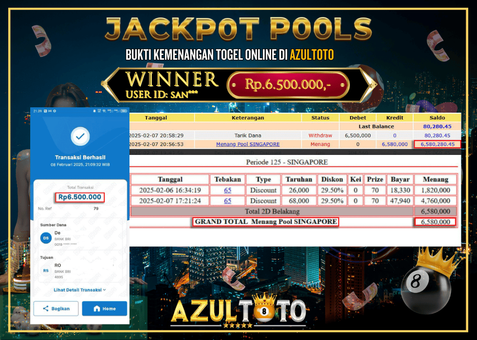 JACKPOT TOGEL SINGAPORE RP.6.500.000,- LUNAS DI AZULTOTO!
