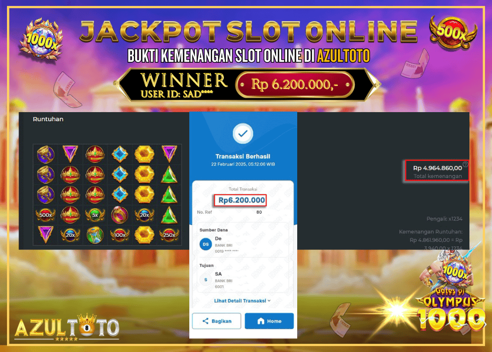 JACKPOT SLOT GATES OF OLYMPUS 1000 RP.6.200.000,- LUNAS DI AZULTOTO!