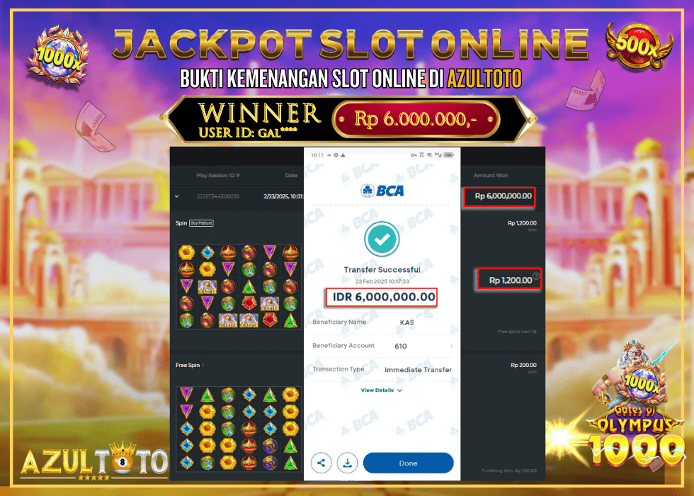 JACKPOT SLOT GATES OF OLYMPUS 1000 RP.6.000.000,- LUNAS DI AZULTOTO!