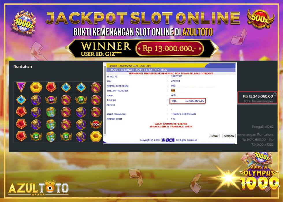 JACKPOT SLOT GATES OF OLYMPUS 1000 RP.13.000.000,- LUNAS DI AZULTOTO!
