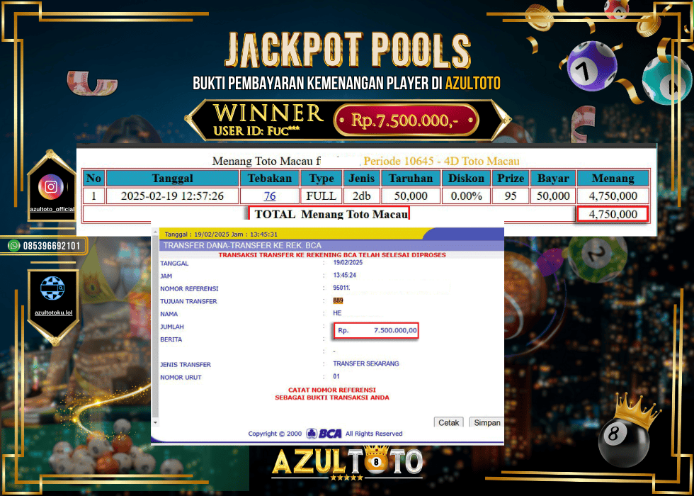 JACKPOT TOGEL TOTO MACAU RP.7.500.000,- LUNAS DI AZULTOTO!