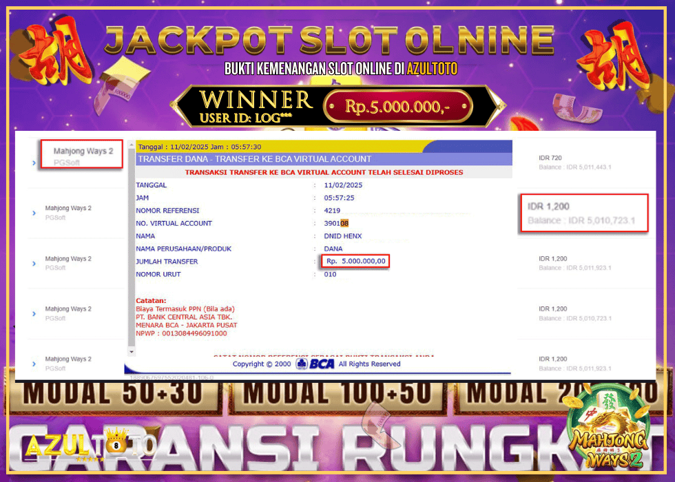 JACKPOT SLOT MAHJONG WAYS 2 RP.5.000.000,- LUNAS DI AZULTOTO!