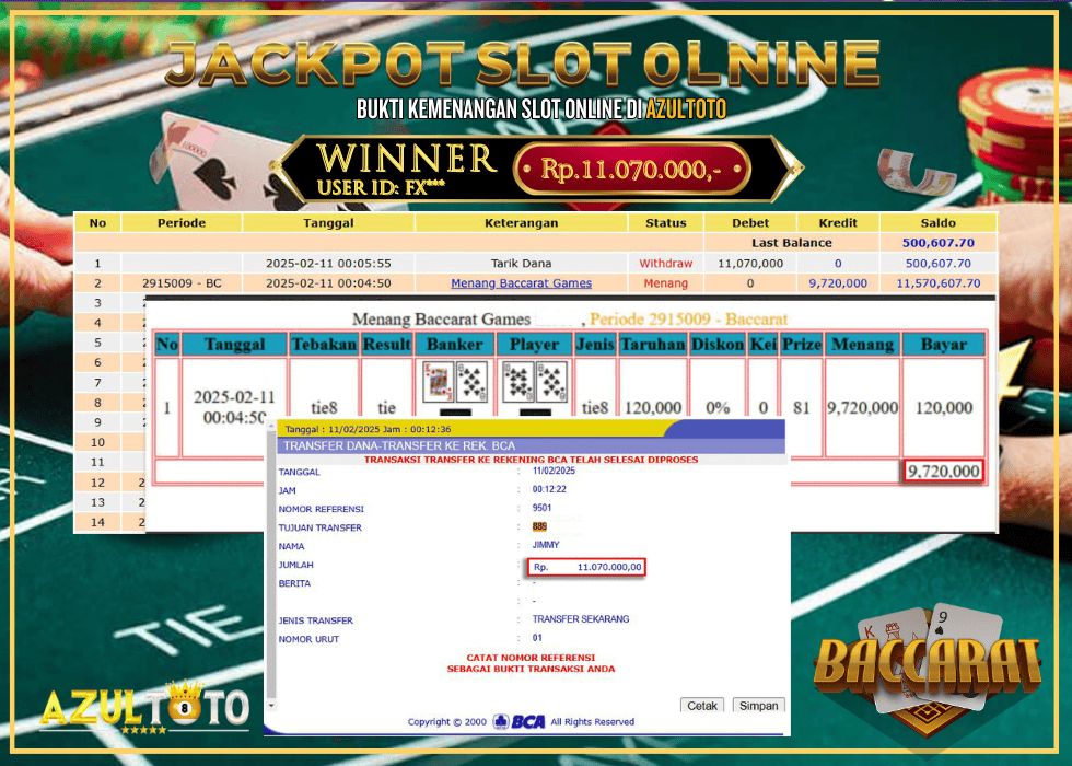 JACKPOT GAME : BACCARAT GAMES RP.11.070.000,- LUNAS DI AZULTOTO!