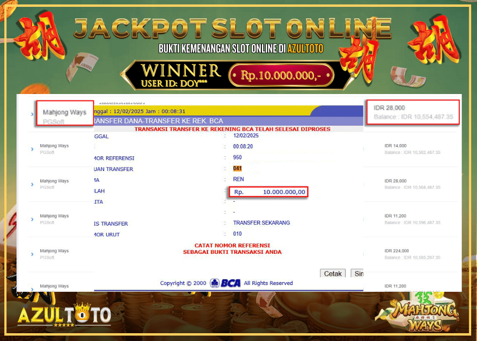 JACKPOT SLOT MAHJONG WAYS RP.10.000.000,- LUNAS DI AZULTOTO!