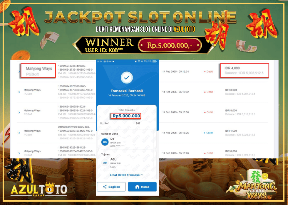 JACKPOT SLOT MAHJONG WAYS RP.5.000.000,- LUNAS DI AZULTOTO!