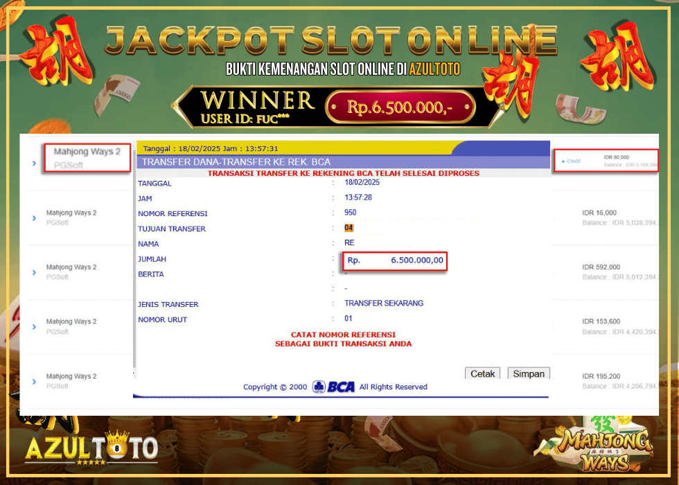 JACKPOT SLOT MAHJONG WAYS 2 RP.6.500.000,- LUNAS DI AZULTOTO!
