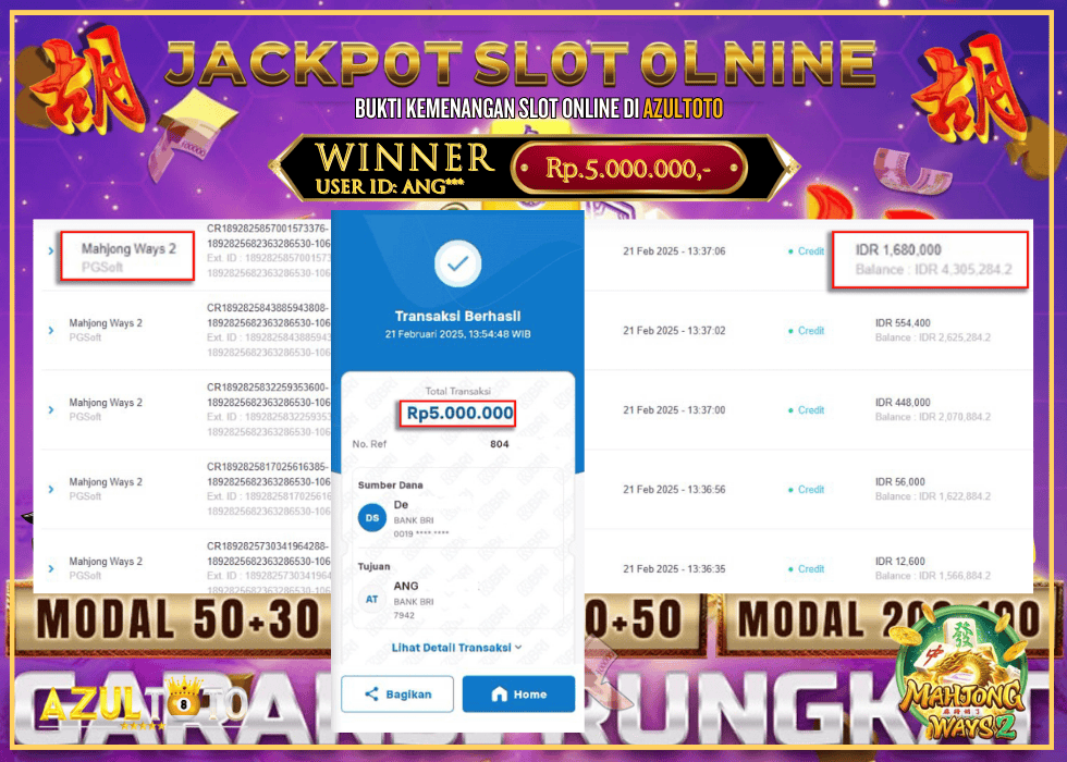 JACKPOT SLOT MAHJONG WAYS 2 RP.5.000.000,- LUNAS DI AZULTOTO!