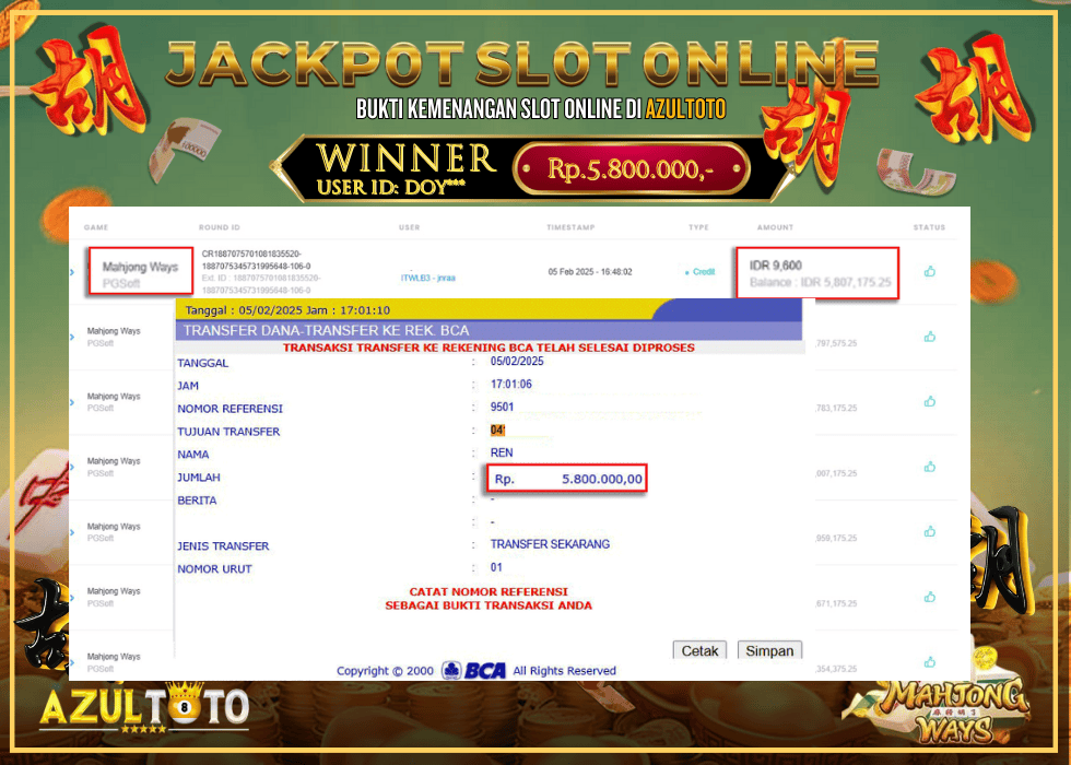 JACKPOT SLOT MAHJONG WAYS RP.5.800.000,- LUNAS DI AZULTOTO!
