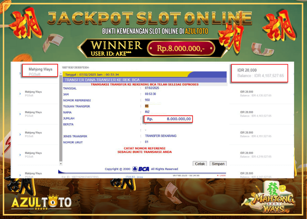 JACKPOT SLOT MAHJONG WAYS RP.8.000.000,- LUNAS DI AZULTOTO!