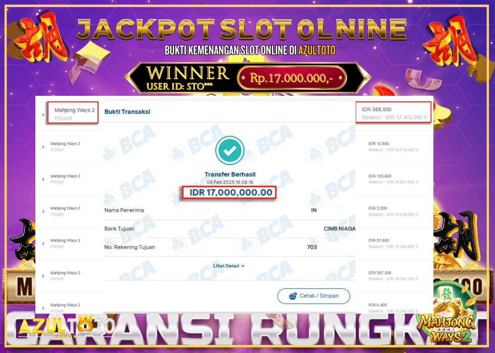 JACKPOT SLOT MAHJONG WAYS 2 RP.17.000.000,- LUNAS DI AZULTOTO!