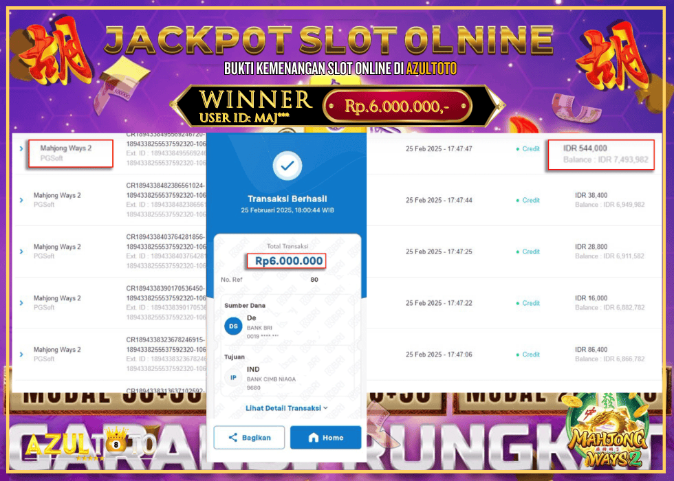 JACKPOT SLOT MAHJONG WAYS 2 RP.6.000.000,- LUNAS DI AZULTOTO!