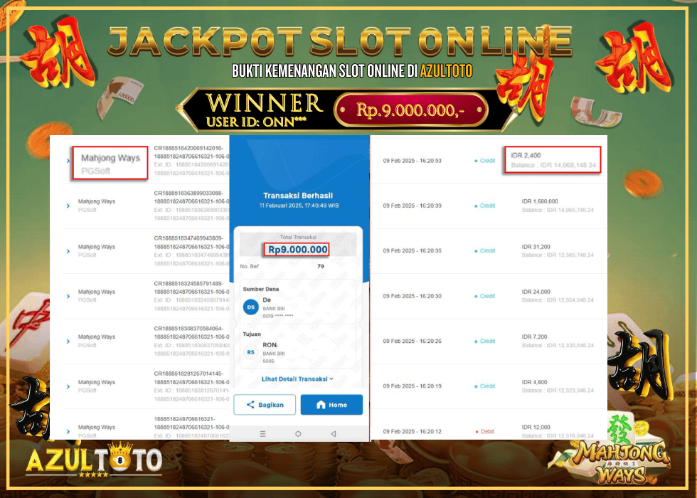 JACKPOT SLOT MAHJONG WAYS RP.9.000.000,- LUNAS DI AZULTOTO!