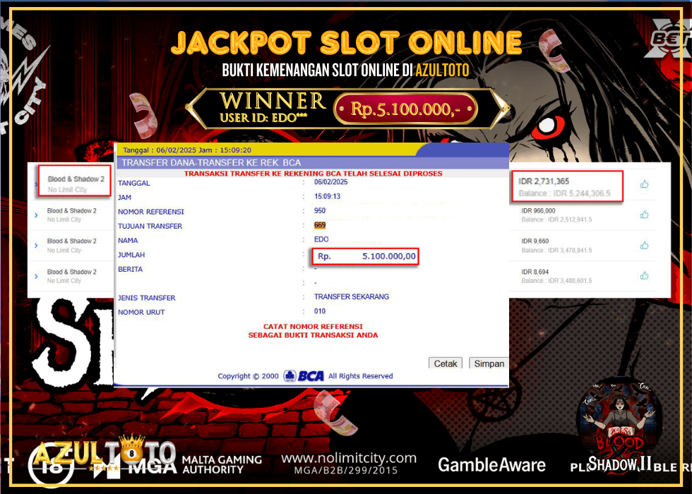 JACKPOT SLOT NOLIMIT CITY BLOOD &SHADOW2   RP.5.100.000,- LUNAS DI AZULTOTO!