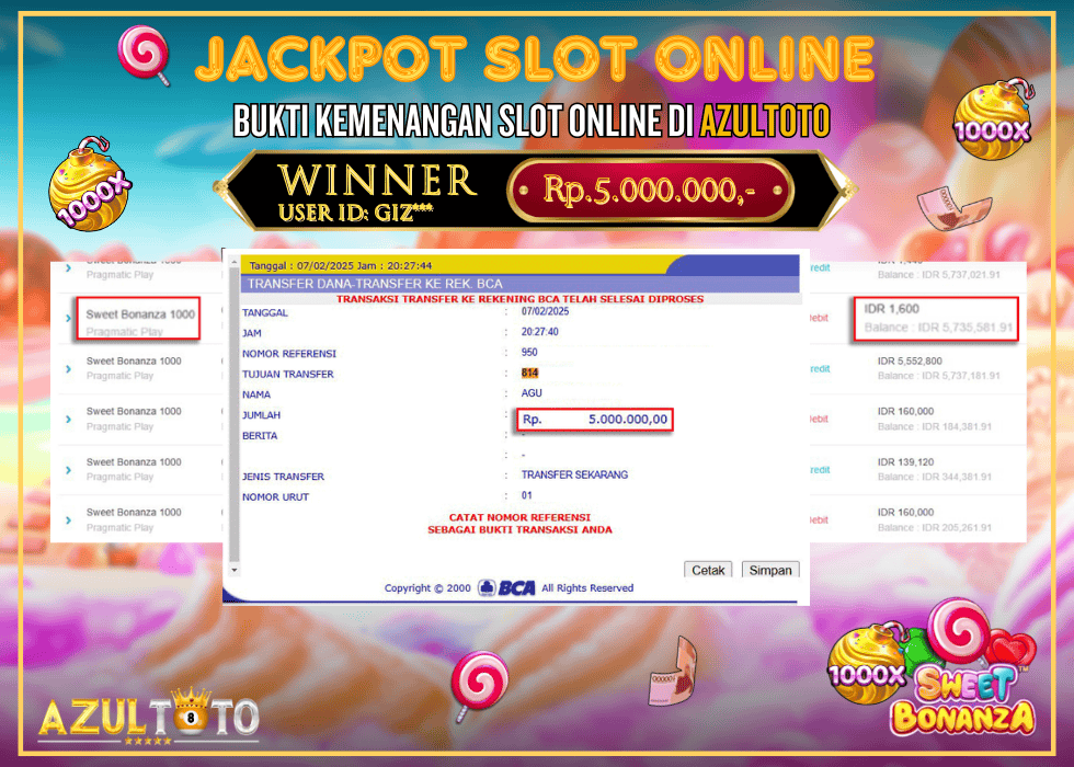 JACKPOT SLOT SWEET BONANZA 1000 RP.5.000.000,- LUNAS DI AZULTOTO!