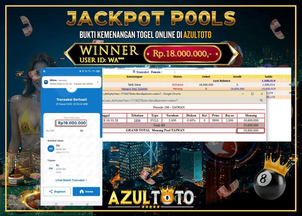 JACKPOT TOGEL TAIWAN RP.18.000.000,- LUNAS DI AZULTOTO!