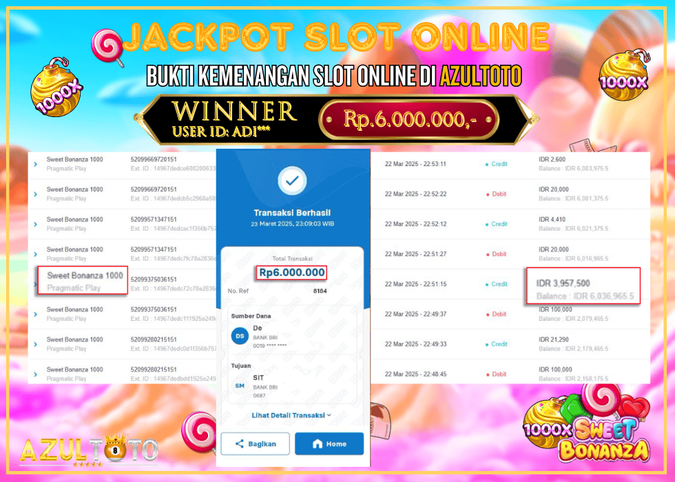 JACKPOT SLOT SWEET BONANZA 1000 RP.6.000.000,- LUNAS DI AZULTOTO!