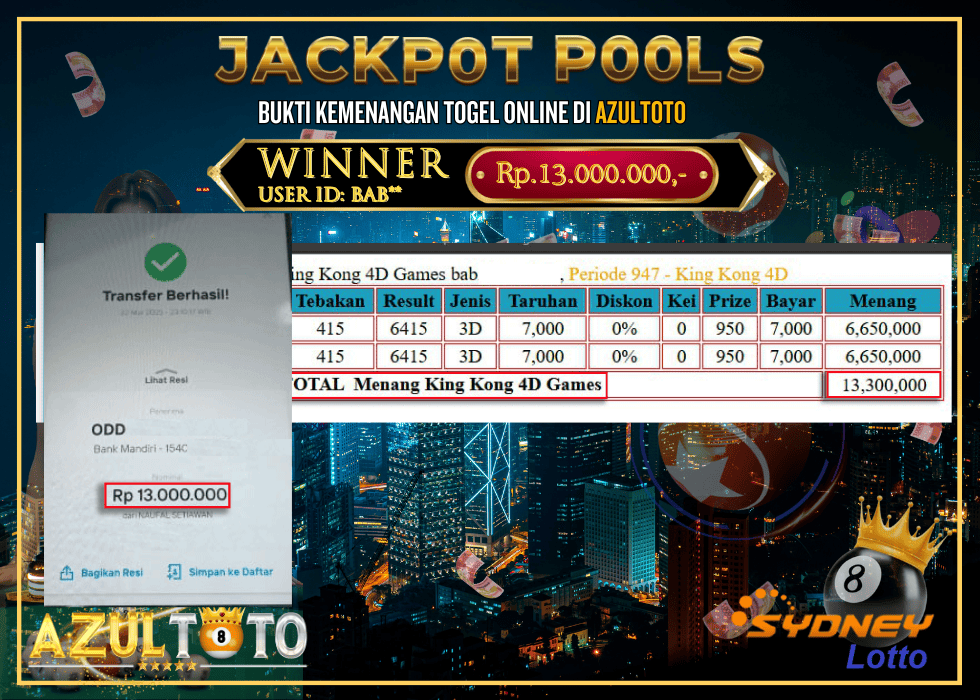 JACKPOT TOGEL KING KONG 4D RP.13.000.000,- LUNAS DI AZULTOTO!