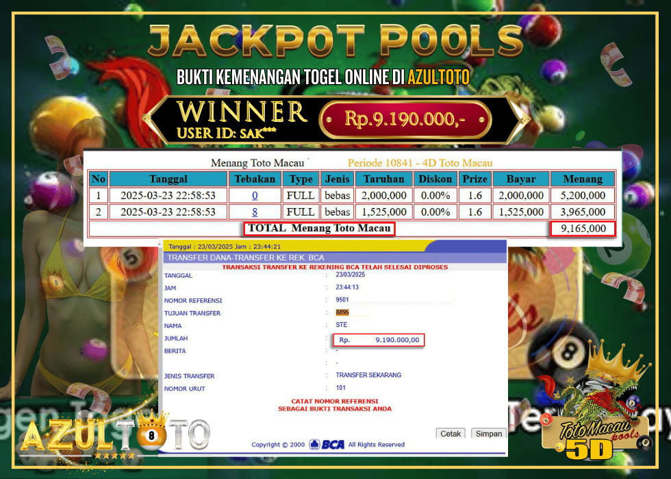 JACKPOT TOGEL TOTO MACAU 4D RP.9.190.000,- LUNAS DI AZULTOTO!
