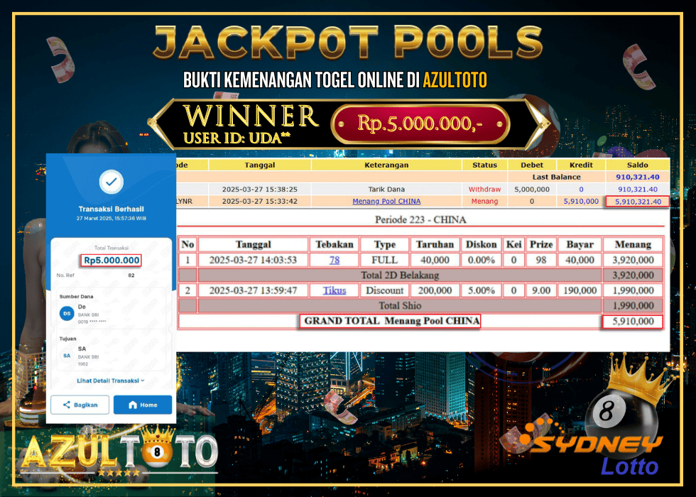 JACKPOT TOGEL CHINA  RP.5.000.000,- LUNAS DI AZULTOTO!