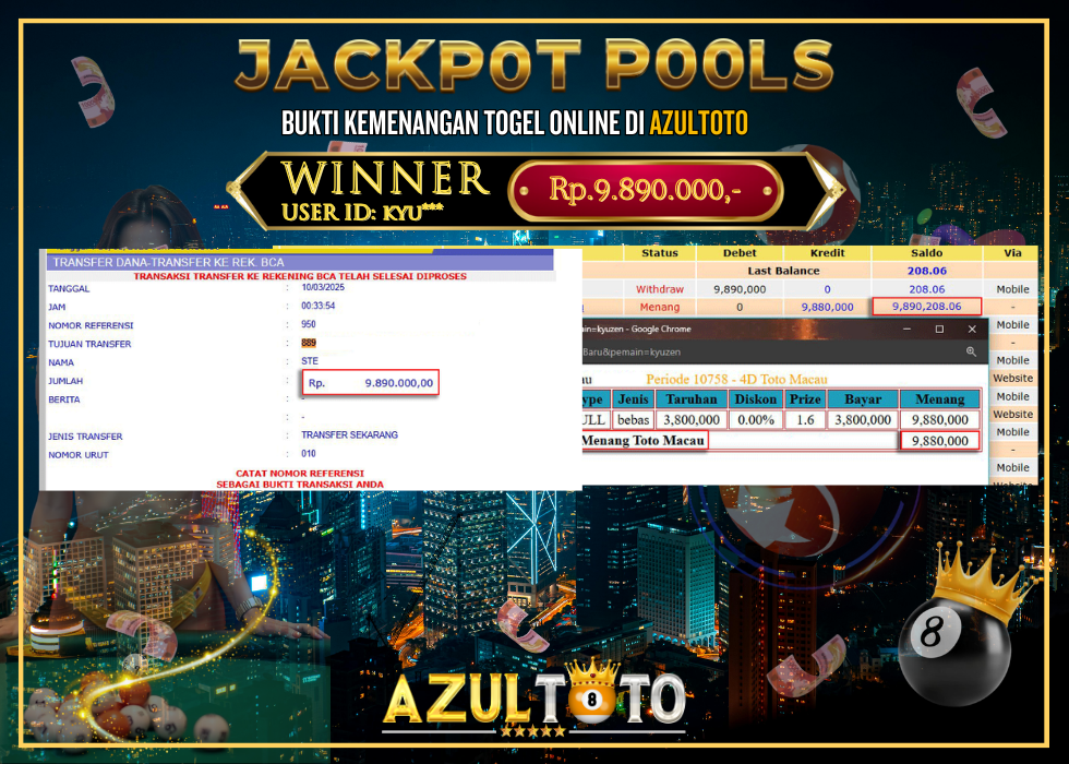 JACKPOT TOGEL TOTO MACAU RP.9.890.000,- LUNAS DI AZULTOTO!