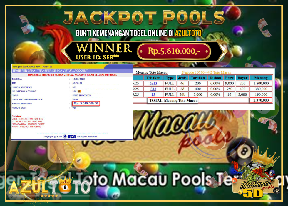 JACKPOT TOGEL TOTOMACAU 4D RP.5.610.000,- LUNAS DI AZULTOTO!
