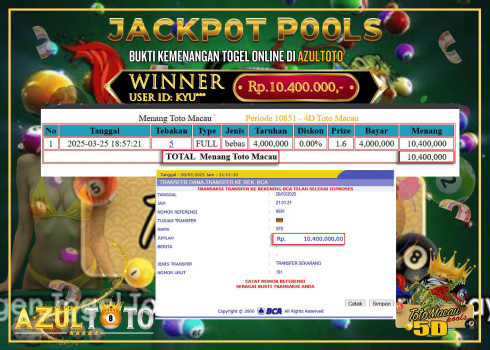 JACKPOT TOGEL TOTO MACAU 4D RP.10.400.000,- LUNAS DI AZULTOTO!