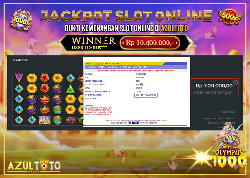 JACKPOT SLOT GATES OF OLYMPUS 1000 RP.10.400.000,- LUNAS DI AZULTOTO!