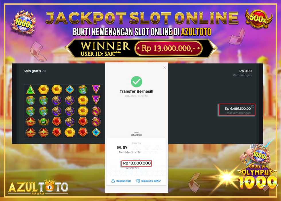 JACKPOT SLOT GATES OF OLYMPUS 1000 RP.13.000.000,- LUNAS DI AZULTOTO!