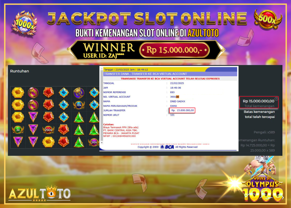 JACKPOT SLOT GATES OF OLYMPUS 1000 RP.15.000.000,- LUNAS DI AZULTOTO!