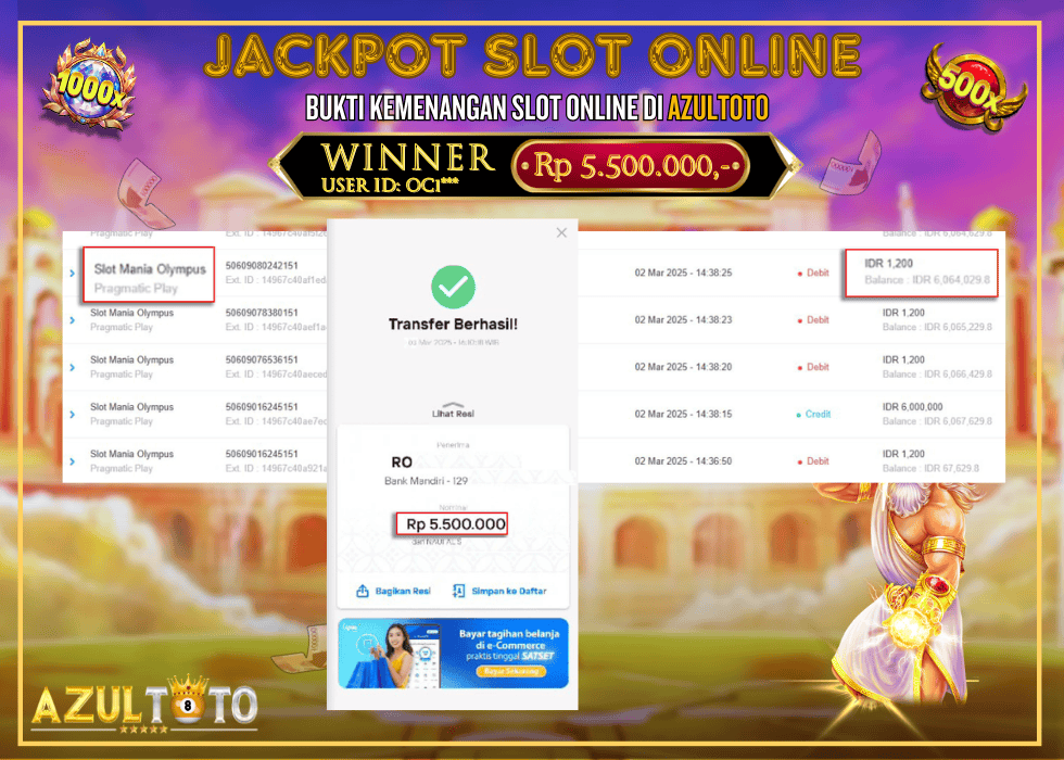 JACKPOT SLOT GATES OF OLYMPUS MANIA 1000 RP.5.500.000,- LUNAS DI AZULTOTO!