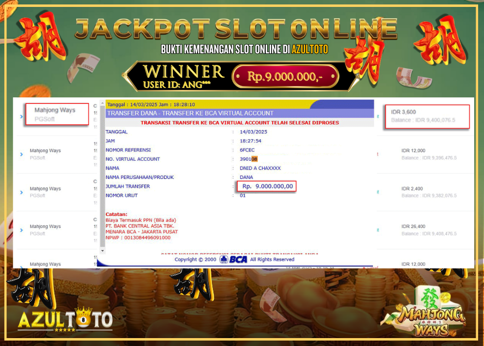JACKPOT SLOT MAHJONG WAYS RP.9.000.000,- LUNAS DI AZULTOTO!