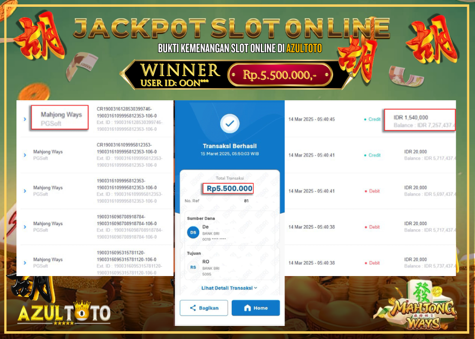 JACKPOT SLOT MAHJONG WAYS RP.5.500.000,- LUNAS DI AZULTOTO!