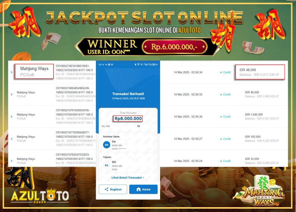JACKPOT SLOT MAHJONG WAYS RP.6.000.000,- LUNAS DI AZULTOTO!