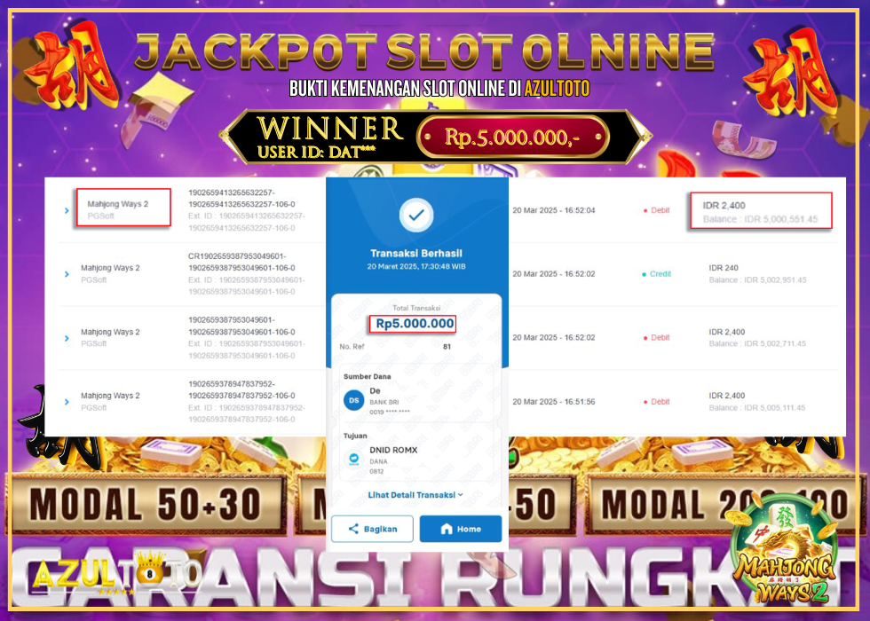 JACKPOT SLOT MAHJONG WAYS 2 RP.5.000.000,- LUNAS DI AZULTOTO!