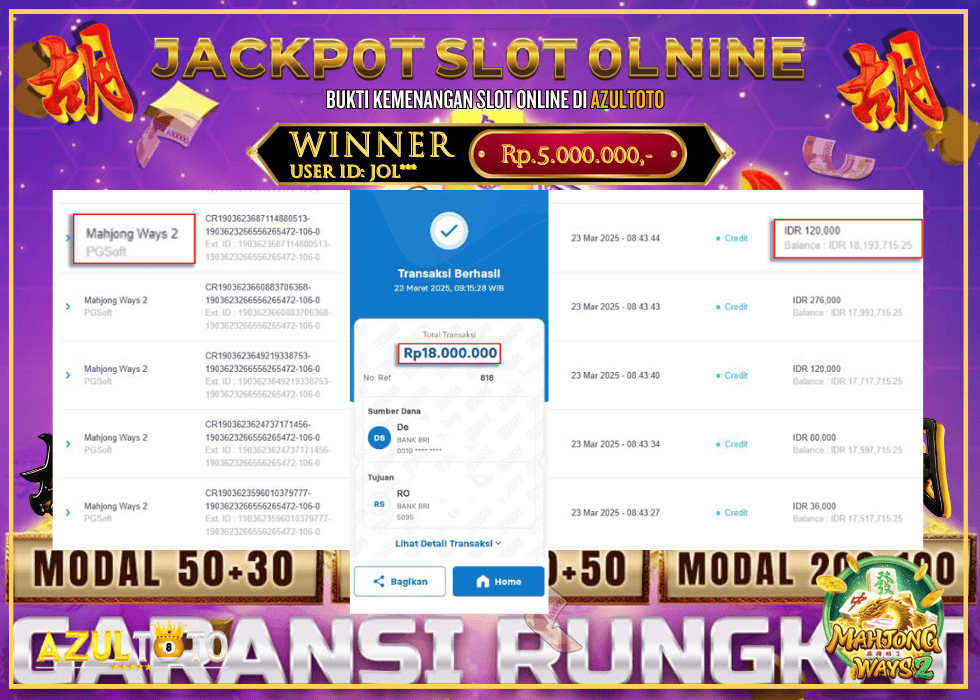 JACKPOT SLOT MAHJONG WAYS 2 RP.18.000.000,- LUNAS DI AZULTOTO!